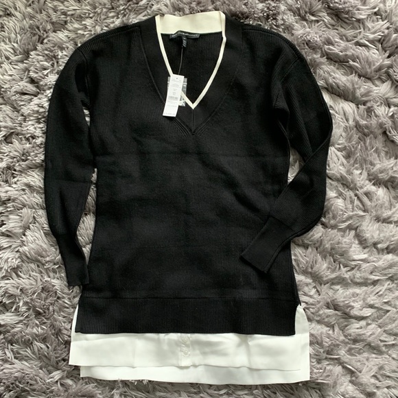 NWT White House Black Market Black Mixed Media V Neck Tunic Sweater NEW Sz XS - Picture 6 of 10